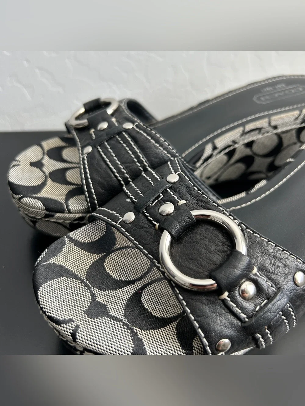 Y2K Coach Janeesa Wedge Sandals with Signature C Pattern and Silver Hardware